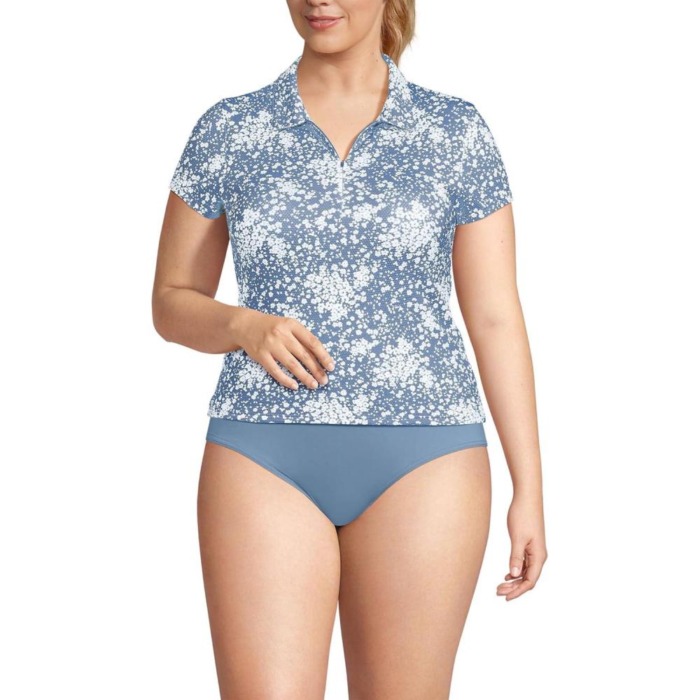 imageLands End Womens Short Sleeve Pique Johnny Collar UPF 50 Rash GuardDusk Sky Meadow Ditsy Floral
