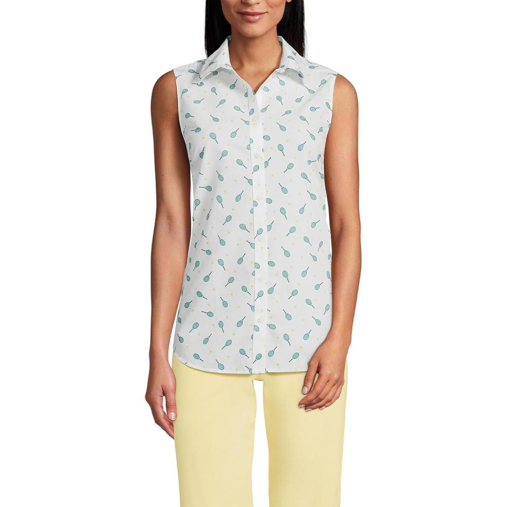 imageLands End Womens Sleeveless No Iron ShirtWhiteGreen Tennis Rackets