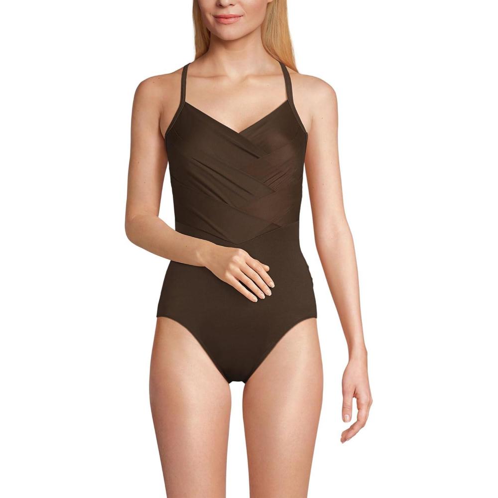 imageLands End Womens Slender Suit VNeck Pleated XBack One Piece Swimsuit Adjustable StrapsRich Coffee
