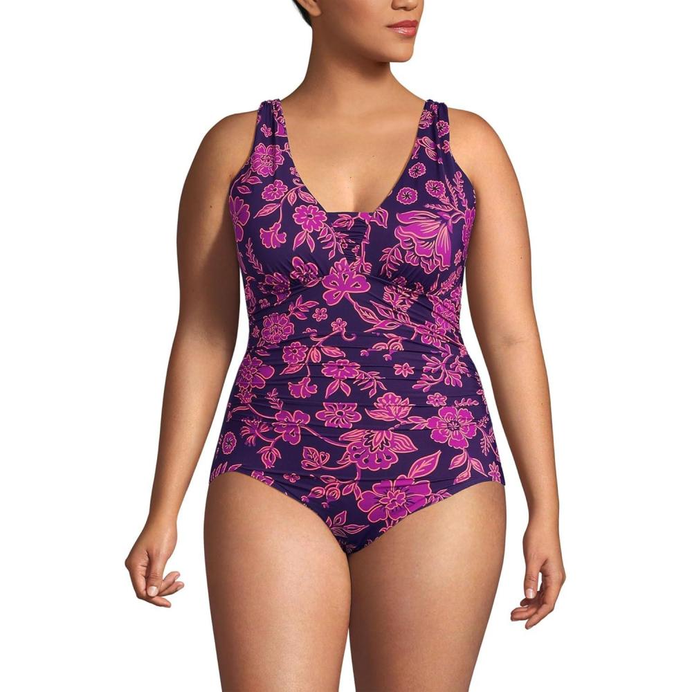 imageLands End Womens SlenderSuit Grecian Tummy Control Chlorine Resistant One Piece SwimsuitBlackberry Ornate Floral
