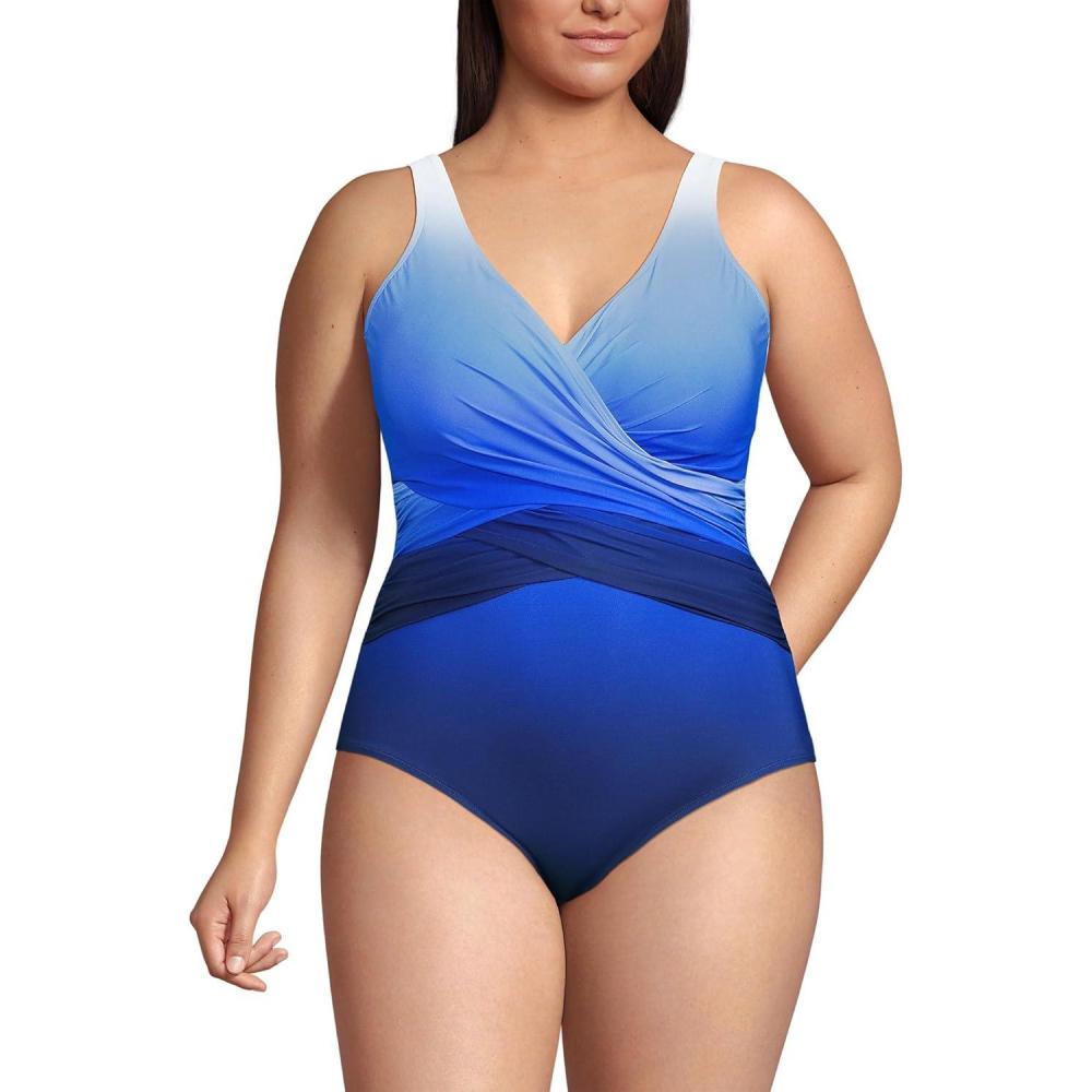 imageLands End Womens SlenderSuit Wrap One Piece SwimsuitDeep Sea NavySapphire Ombre