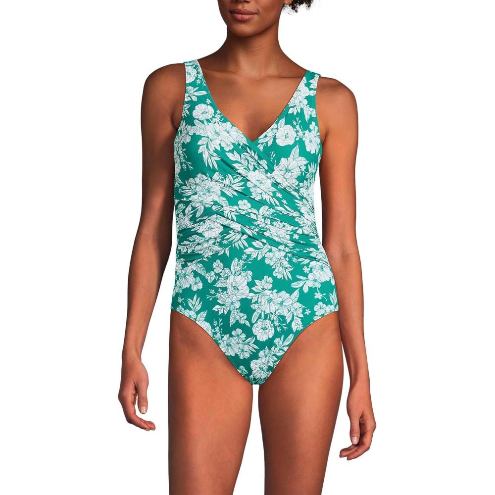 imageLands End Womens SlenderSuit Wrap One Piece SwimsuitEmeraldWhite Romatic Floral