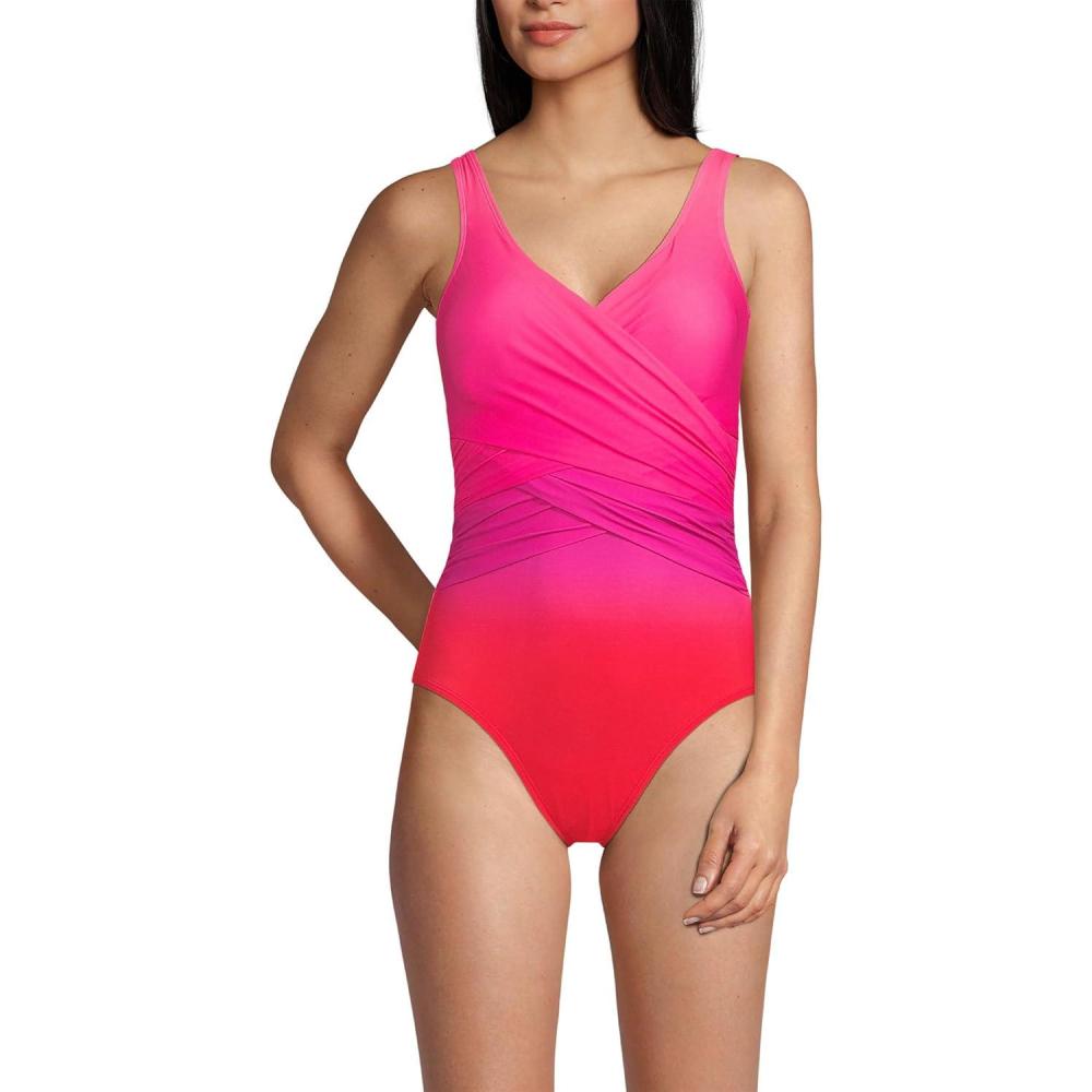imageLands End Womens SlenderSuit Wrap One Piece SwimsuitPink Multi Ombre