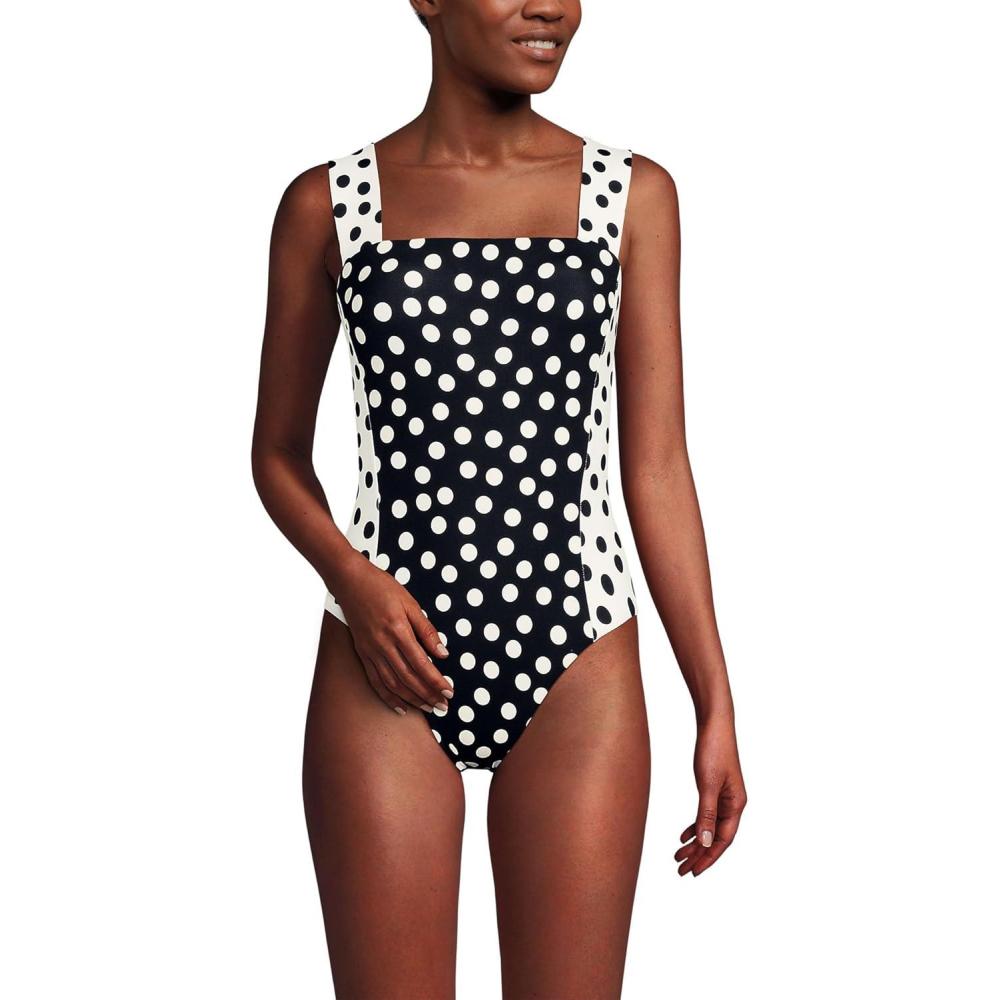 imageLands End Womens Square Neck High Leg One Piece SwimsuitBlackEgret Mixed Tossed Dots