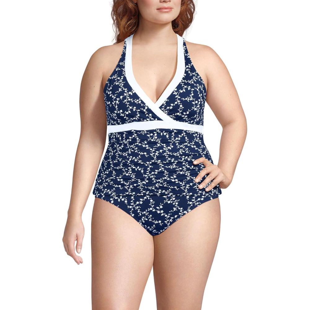 imageLands End Womens Texture VNeck Halter Tankini Swimsuit TopNavyWhite Flowering Vine