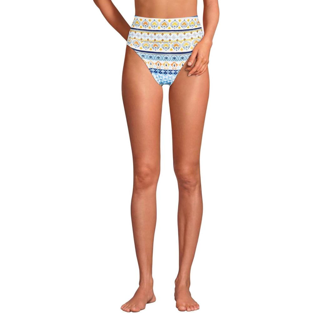 imageLands End Womens Tugless High Waisted Bikini BottomsWhite Mosaic Multi Stripe