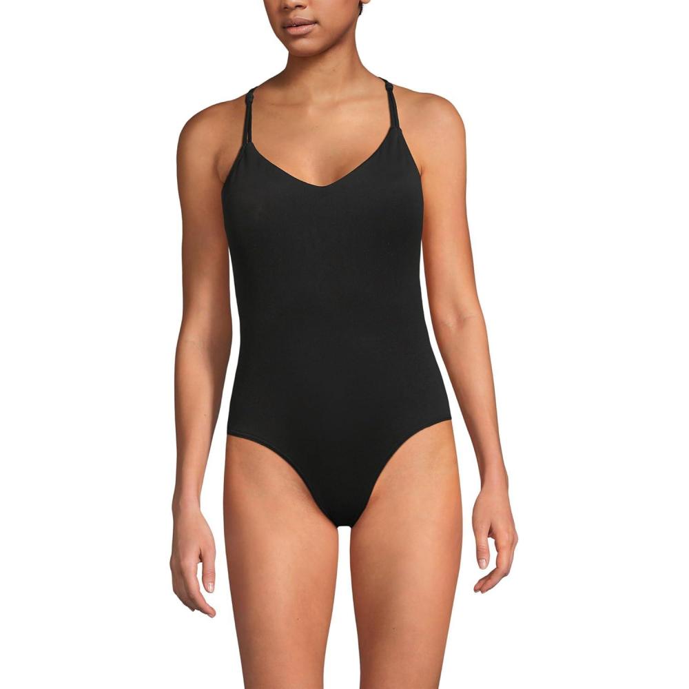imageLands End Womens Tugless Quickdry VNeck MultiWay High Leg One Piece SwimsuitBlack