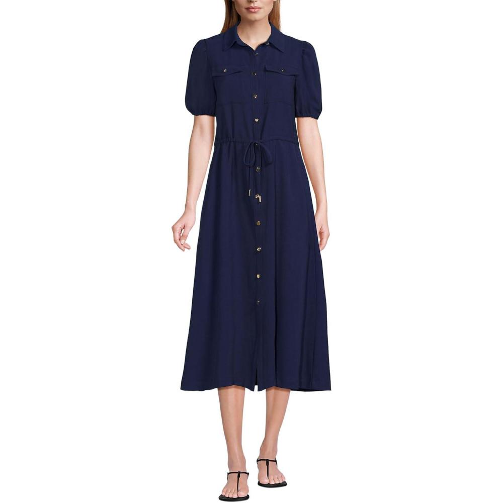 imageLands End Womens Twill Button Front Fluid Short Sleeve DressDeep Sea Navy