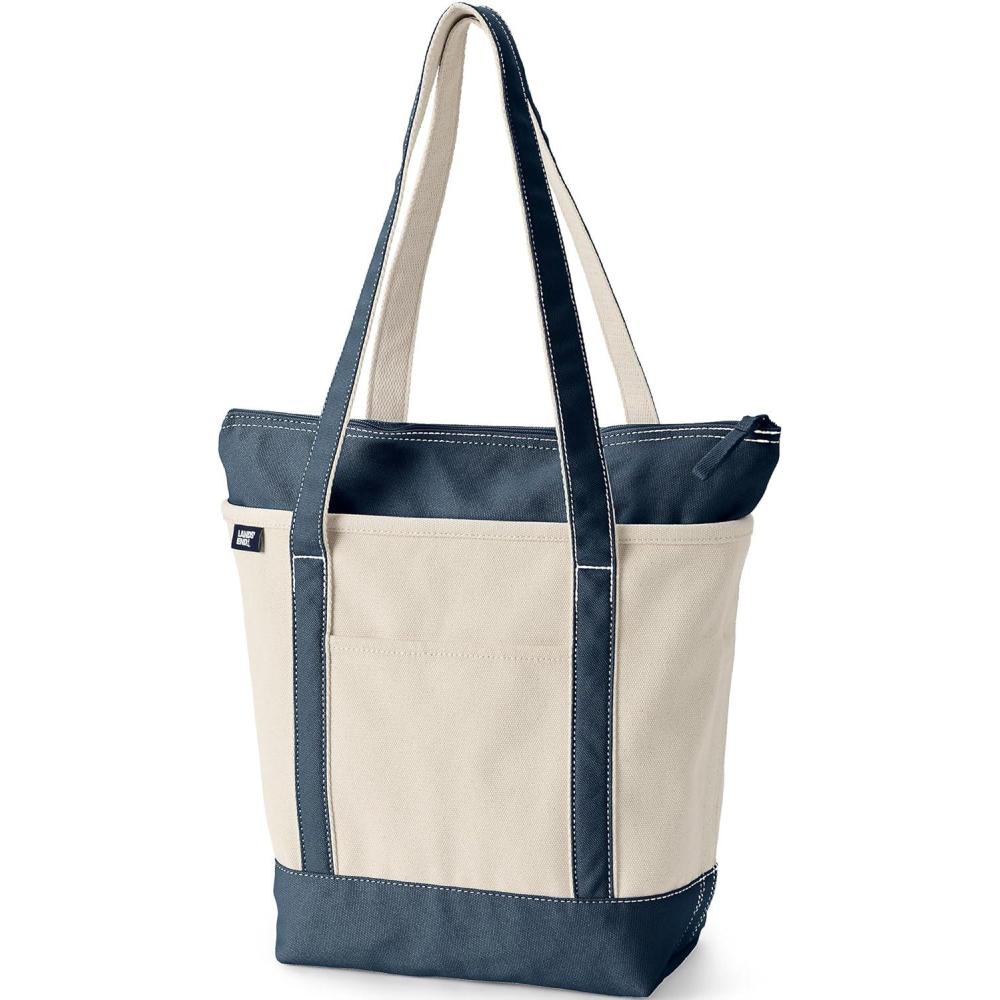 imageLands End Zip Top Long Handle Canvas Tote BagNaturalRadiant Navy