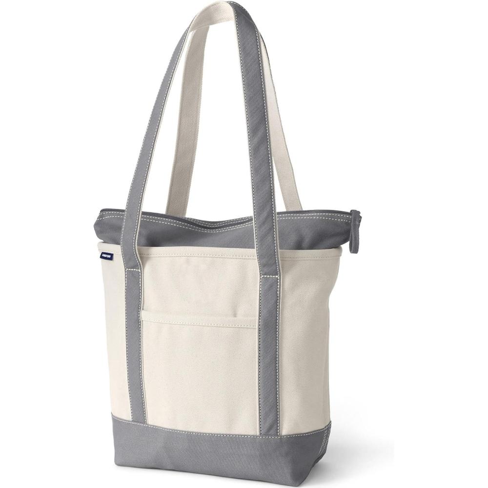 imageLands End Zip Top Long Handle Canvas Tote BagNaturalSilver Graphite