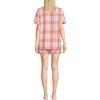 Lands’ End Women Linen 2 Piece Pajama Set – Short Sleeve Top and Shorts(Sunset Coral Pink Plaid)