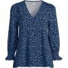 Lands’ End Women’s 3/4 Sleeve Lightweight Jersey Button Front Top(Deep Sea/Blue Ditsy Bloom)