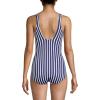 Lands’ End Women’s Chlorine Resistant Soft Cup Tugless Sporty One Piece Swimsuit(Deep Sea/White Media Stripe)
