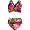 Lands’ End Women’s Chlorine Resistant V-Neck Midkini Swimsuit Top and High Leg High Waisted Bottoms 2 Piece Set(Dark Wine Multi Tropical Palm)