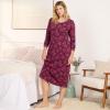 Lands’ End Women’s Cotton Long Sleeve Midcalf Nightgown(Burgundy Ikat Floral)