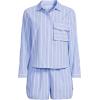 Lands’ End Women’s Cotton Poplin 2 Piece Pajama Set – Long Sleeve Top and Shorts with Piping(Brisk Blue/Rose Pink Stripe)