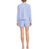 Lands’ End Women’s Cotton Poplin 2 Piece Pajama Set – Long Sleeve Top and Shorts with Piping(Brisk Blue/Rose Pink Stripe)
