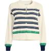 Lands’ End Women’s Cropped Fine Gauge Crew Neck Cardigan Sweater(Fresh Ivory/Navy Founders)