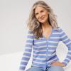 Lands’ End Women’s Drifter Baby Cable Vneck Cardigan Sweater(Fresh Ivory/Periwinkle Stripe)