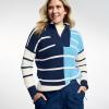 Lands’ End Women’s Drifter Cotton Quarter Zip Pullover Sweater(Deep Sea/Fresh Ivory Stripe)