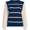 Lands’ End Women’s Drifter Shaker Button Shoulder Sweater Vest with Poplin Sleeves(Deep Sea Navy/Champagne Stripe)