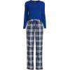 Lands’ End Women’s Pajama Set Knit Long Sleeve T-Shirt and Flannel Pants(Deep Sea Navy/Ivory Plaid)