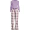 Lands’ End Women’s Pajama Set Knit Long Sleeve T-Shirt and Flannel Pants(Ivory/Violet Verbena Plaid)
