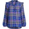 Lands’ End Women’s Ruffle Front Flannel Popover Blouse(Cobalt Blue/Bright Grape Plaid)