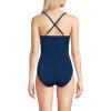 Lands’ End Women’s Slender Suit V-Neck Pleated X-Back One Piece Swimsuit Adjustable Straps(Deep Sea Navy Mini Stripe)