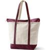 Lands’ End Zip Top Long Handle Canvas Tote Bag(Natural/Lush Burgundy)