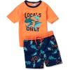 Lands’ End Boys Chlorine Resistant Short Sleeve UPF 50 Rash Guard Swim Trunk Set(Neon Orange Squiggle Sharks)