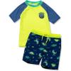Lands’ End Boys Chlorine Resistant Short Sleeve UPF 50 Rash Guard Swim Trunk Set(Neon Yellow Little Dinos)