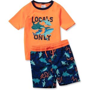 Lands’ End Boys Chlorine Resistant Short Sleeve UPF 50 Rash Guard Swim Trunk Set(Neon Orange Squiggle Sharks)