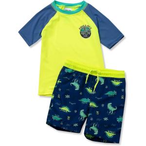 Lands’ End Boys Chlorine Resistant Short Sleeve UPF 50 Rash Guard Swim Trunk Set(Neon Yellow Little Dinos)