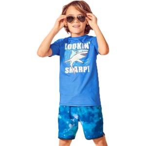 Lands’ End Boys Husky Short Sleeve UPF 50 Sun Protection Rash Guard(Electric Blue Shark)