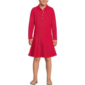 Lands’ End Girls Long Sleeve Mesh Pleated Polo Dress(Red)