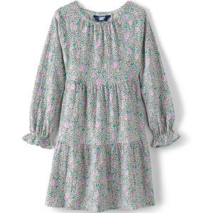 Lands’ End Girls Long Sleeve Velvet Dress(Ivory Dots and Florals)