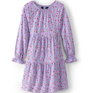 Lands’ End Girls Long Sleeve Velvet Dress(Lavender Cherry Hearts)