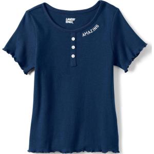 Lands’ End Girls Short Sleeve Ribbed Henley T-Shirt(Deep Sea Navy)