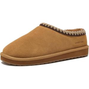 Lands’ End Hearth Warm Fuzzy Mens Slippers, Indoor Outdoor Fur Lined Suede House Slippers for Men Size 7 to 15, Black or Brown House Shoes(Tan/Tan)