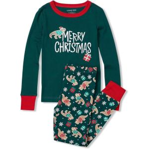 Lands’ End Kids Pattern Snug Fit Pajama Set(Green Christmas Dinos)