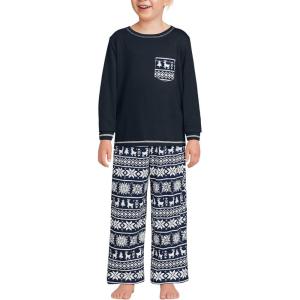 Lands’ End Kids Soft Jersey Pocket Sleep Top – Ultra-Soft Cotton Blend, Tag-Free, Cozy Fit, Fun for Bedtime Comfort(Classic Navy Fairisle)