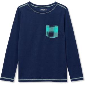 Lands’ End Kids Soft Jersey Pocket Sleep Top – Ultra-Soft Cotton Blend, Tag-Free, Cozy Fit, Fun for Bedtime Comfort(Navy/Cockatoo Plaid)