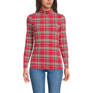 Lands’ End Lightweight Jersey Long Sleeve Turtleneck(Compass Red/Emerald Plaid)