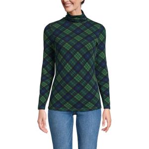 Lands’ End Lightweight Jersey Long Sleeve Turtleneck(Light Emerald Blackwatch Plaid)