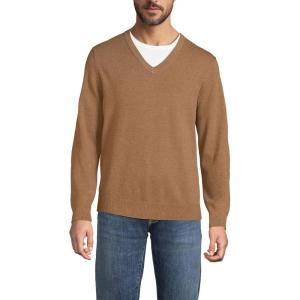 Lands’ End Men’s Fine Gauge Cotton V Neck Sweater(Soft Camel Brown Heather)