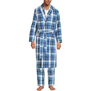 Lands’ End Men’s Flannel Sleepwear Robe(Muted Cobalt Blue Plaid)