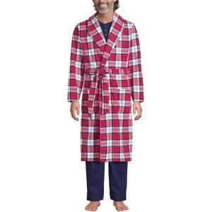 Lands’ End Men’s Fleece Robe(Ivory/Rich Red Plaid)