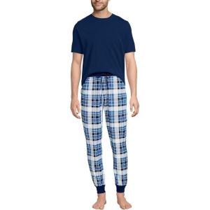 Lands’ End Men’s Knit Jersey Pajama Sleep Set(Muted Cobalt Blue Plaid)