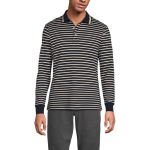 Lands’ End Men’s Long Sleeve American-Grown Supima Cotton Polo Shirt(Black/Warm Almond Stripe)